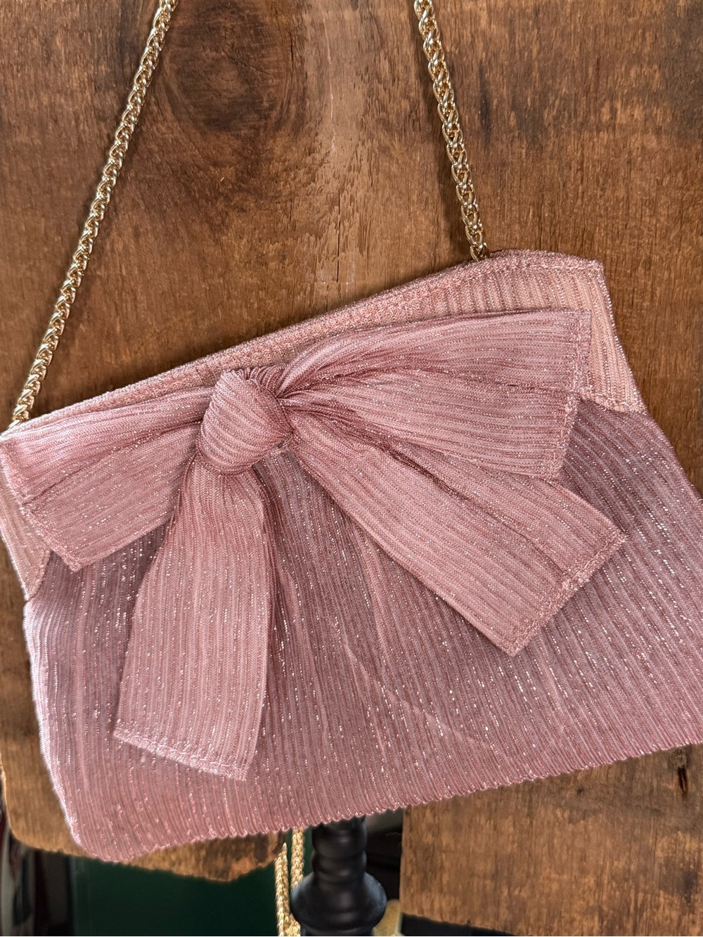 Blush Metallic Bow Clutch Evening Bag Gold Chain NWT
